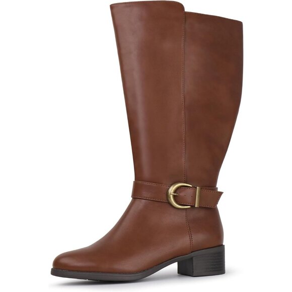 ⚡Women's Cognac Synthetic Extra Wide Calf Pull On Side Zipper Knee High Boots - Picture 5 of 5